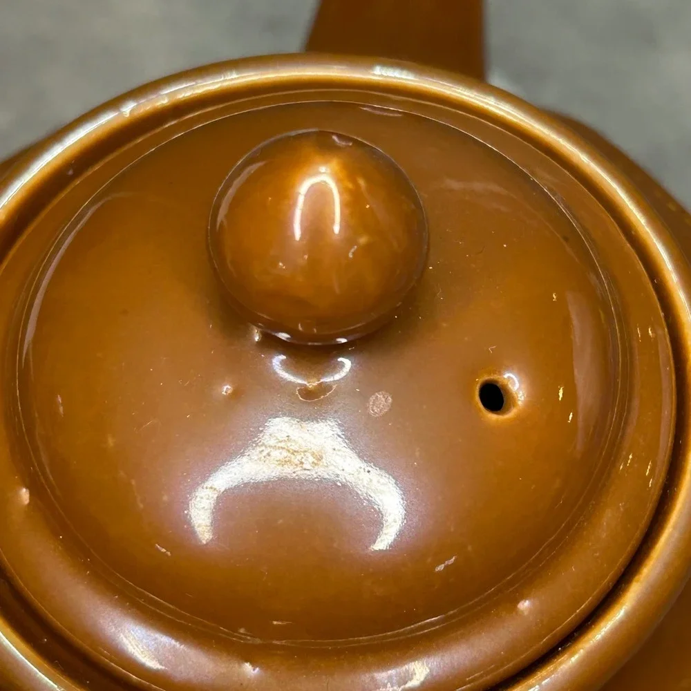 Vintage Ceramic Teapot Caramel Brown Glazed Tea Pot with Lid Dotted Trim Japan